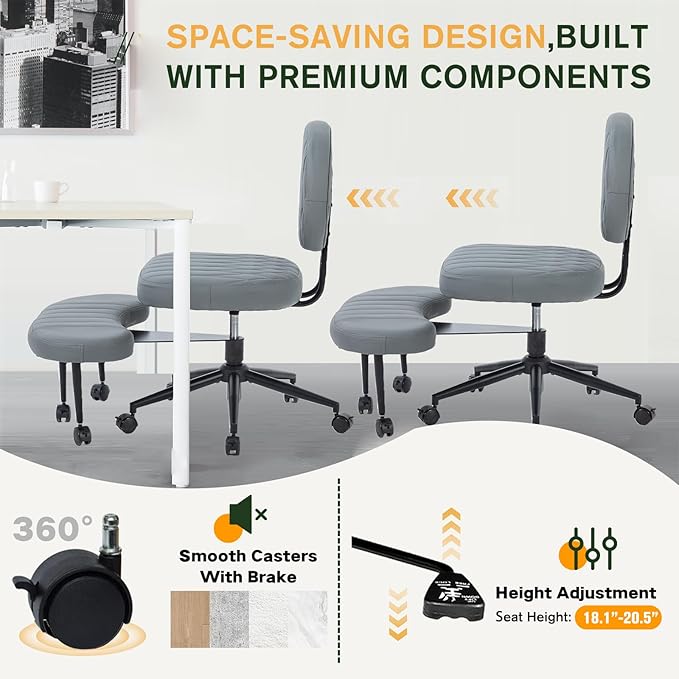 Ergonomic Cross Legged Office Chair with Wheels, Wide Seat and Backrest for Meditation, ADHD Cross Legged Office Chair with Adjustable Height, 360°Rotating Footrest for Yoga Home Office