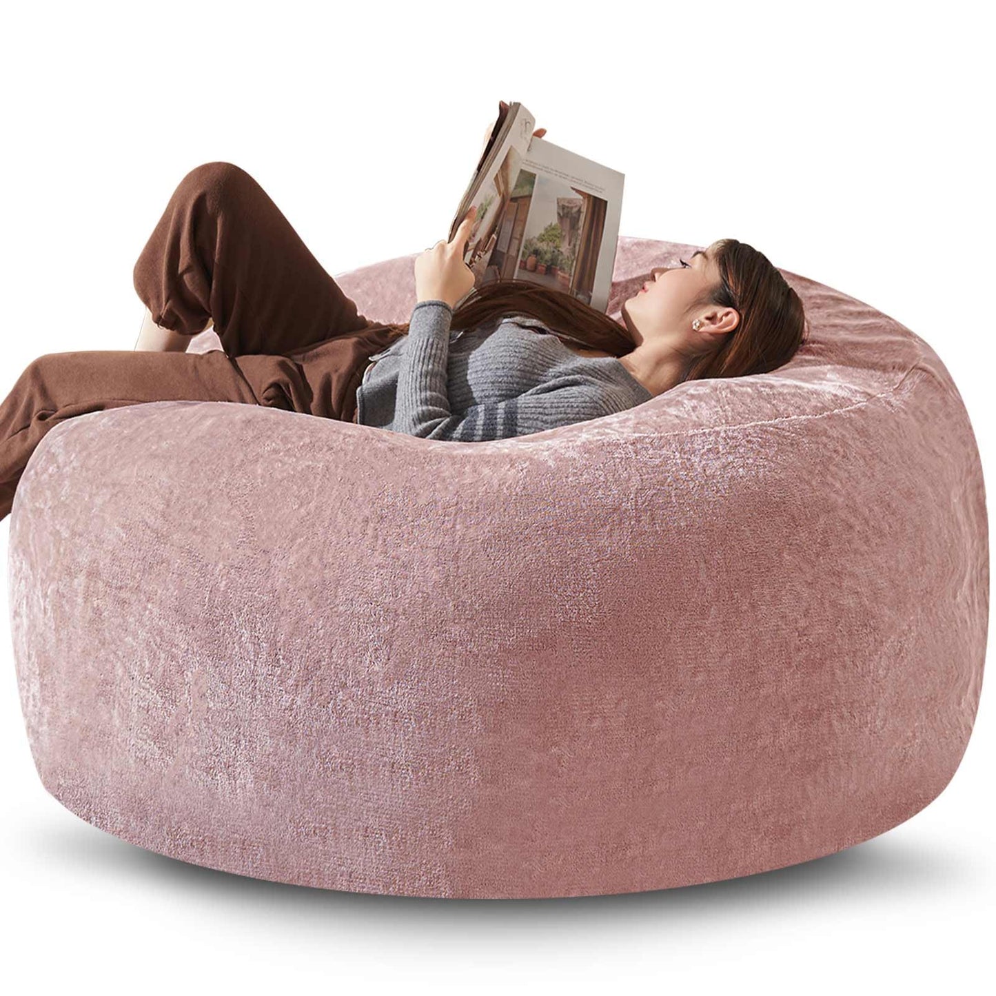 Bean Bag Chair 5Ft, Memory Foam Filled, Large Beanbag Chairs for Adults and Teens, Soft Sofa with Removable Flannel Cover, Round Couch for Living Room Bedroom College Dorm (Pink, 5FT-60×60"×24")