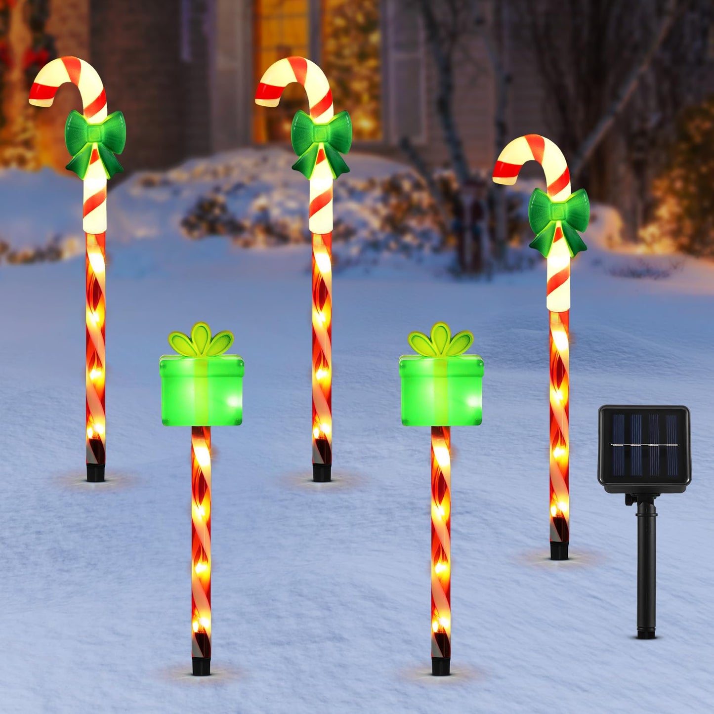 Lewondr Solar Christmas Pathway Lights, 5 PCS Solar Christmas Decorations Outdoor with 2 Lighting Modes, Cane and Gift Box Lights with Garden Stake, Waterproof Garden Yard Lawn Patio Holiday Decor