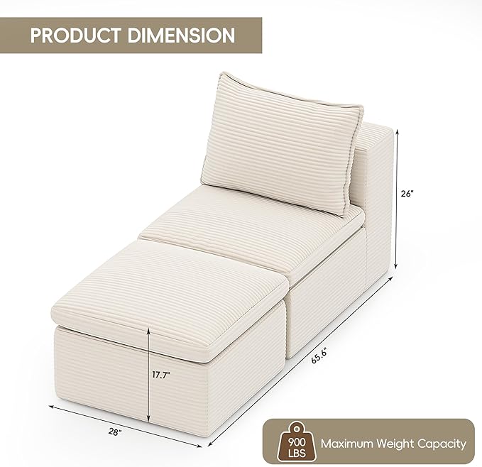 Buytime 65.6" Chaise Lounge Chair Indoor, Boneless Upholstered Sofa Bed, Corduroy Comfy Sleeper Chair for Living Room and Bedroom, Cream Beige