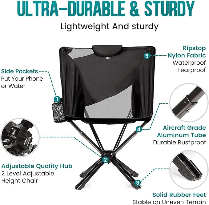 TCEK Portable High Back Camping Chair with Adjustable Height, Small Compact Outdoor Folding Chair for Adults Travel, Riselite Collapsible Lightweight Packable Camp Chairs, Easy Carry and Quick Setup