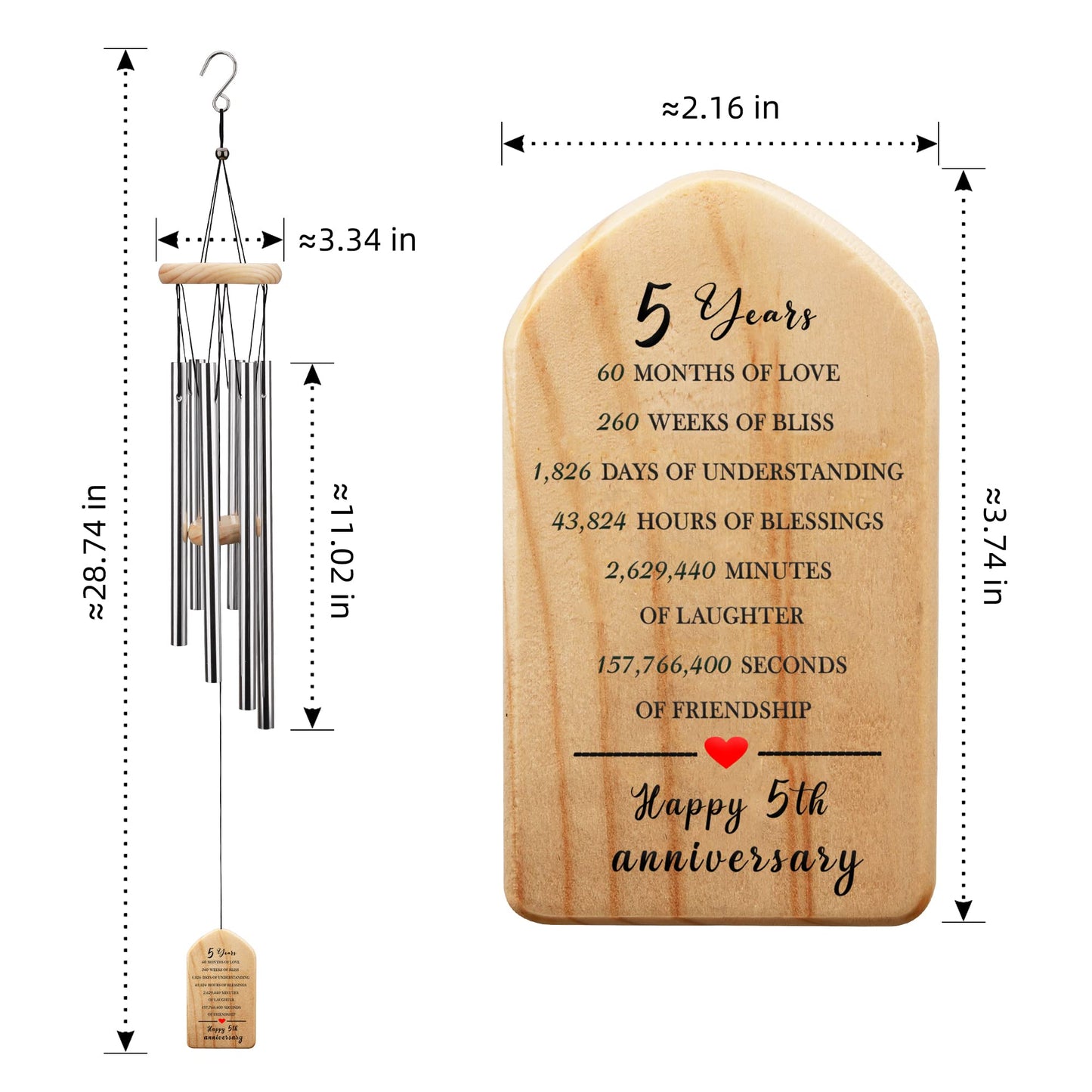 5th Annniversary Wind Chime Gifts for Couples, Happy 5th Ideas, 5 Years of Marriage Wedding Keepsake, 5 Years Anniversary, Wooden Wedding