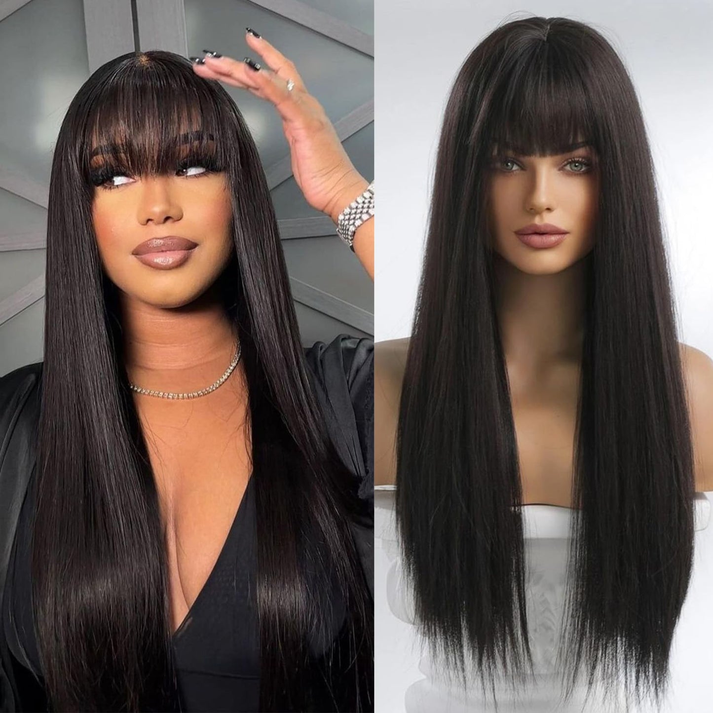 Twigoal Straight Wigs Human Hair with Bangs Brazilian Virgin Human Hair Wigs for Women Glueless Wigs Human Hair Wigs Natural Col