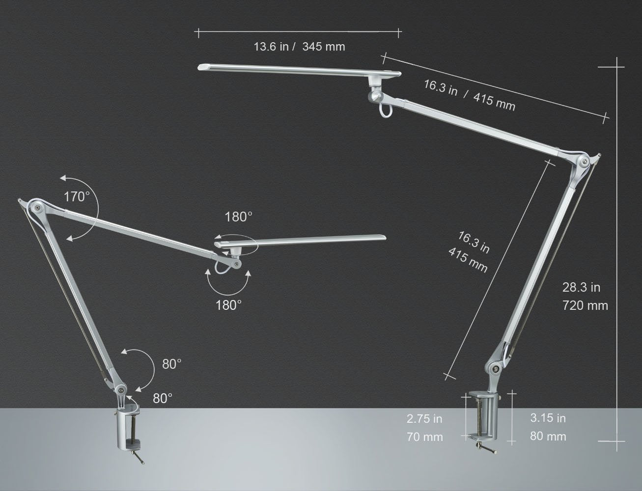 PHIVE CL-1 Architect Desk Lamp, LED Clamp on Desk Light with Metal Swing Arm, Eye-Caring Dimmable Drafting Table Lamp, Highly Adjustable Architect Task Light for Home/Office, Silver
