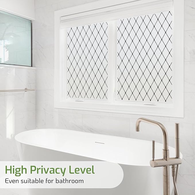 LUTE Frosted Window Privacy Film, Static Cling UV Sun Blocking Heat Control Window Cover, Removable Non-Adhesive Glass Sticker Vinyl Decorative Bathroom Frosting Decals, Black Lattice, 23.6" x 157.4"