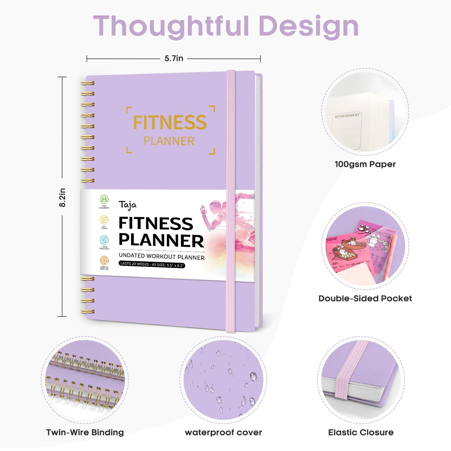 Fitness Workout Journal for Women & Men, A5(5.5" x 8.5") Workout Log Book Planner for Tracking, Progress, and Achieving Your Wellness Goals-Lavender