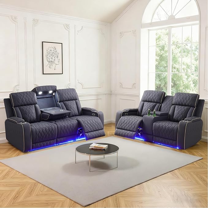 Caberryne Power Recliner Sofa Set with LED Lights,Suede Leather Reclining Couch and Loveseat Set with USB Port/Coffee Table/Cup Holder,Living Room Set with 4 Recliner Seats for House(2 Piece Set,Navy)