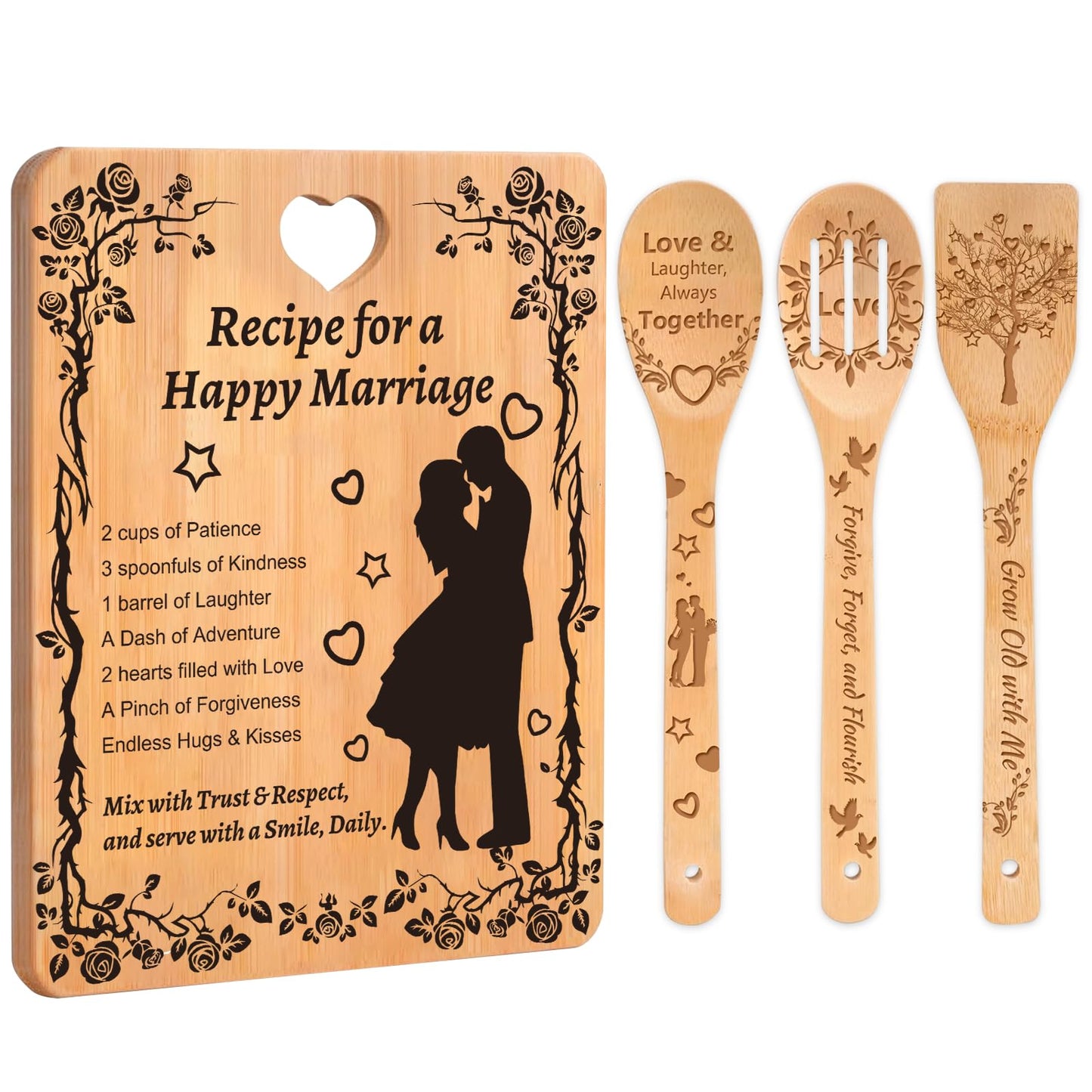 Bridal Shower & Engagement Gift for Couples 2025: Bamboo Cutting Board Set with Engraved Kitchen Utensils, Personalized Wedding Gifts for Bride and Groom - Newlyweds Housewarming Recipe Design