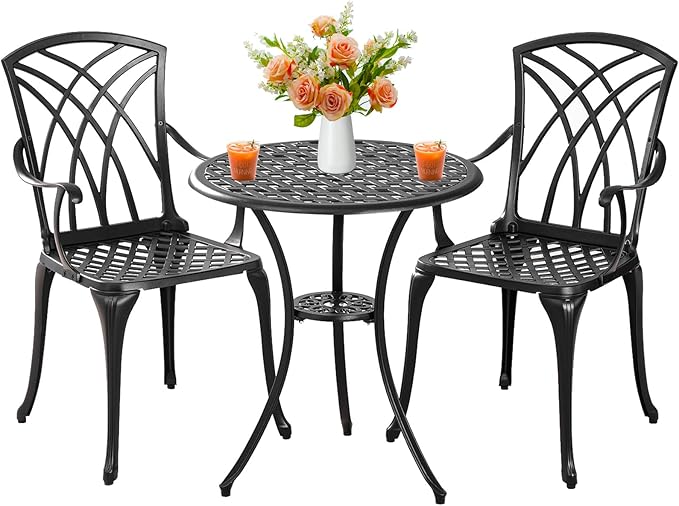 Withniture Outdoor 3 Piece Bistro Set Cast Aluminum Bistro Table and Chairs Set of 2, All Weather Bistro Patio Set, Patio Furniture for Garden Black