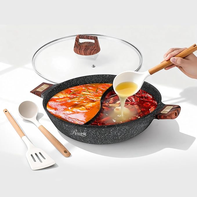 Rosewill 4.2QT Double Flavor Non-Sticking Shabu Shabu Hot Pot with Divider, 13 inch Divided Stockpot for Cooking, Hot Pot ...
