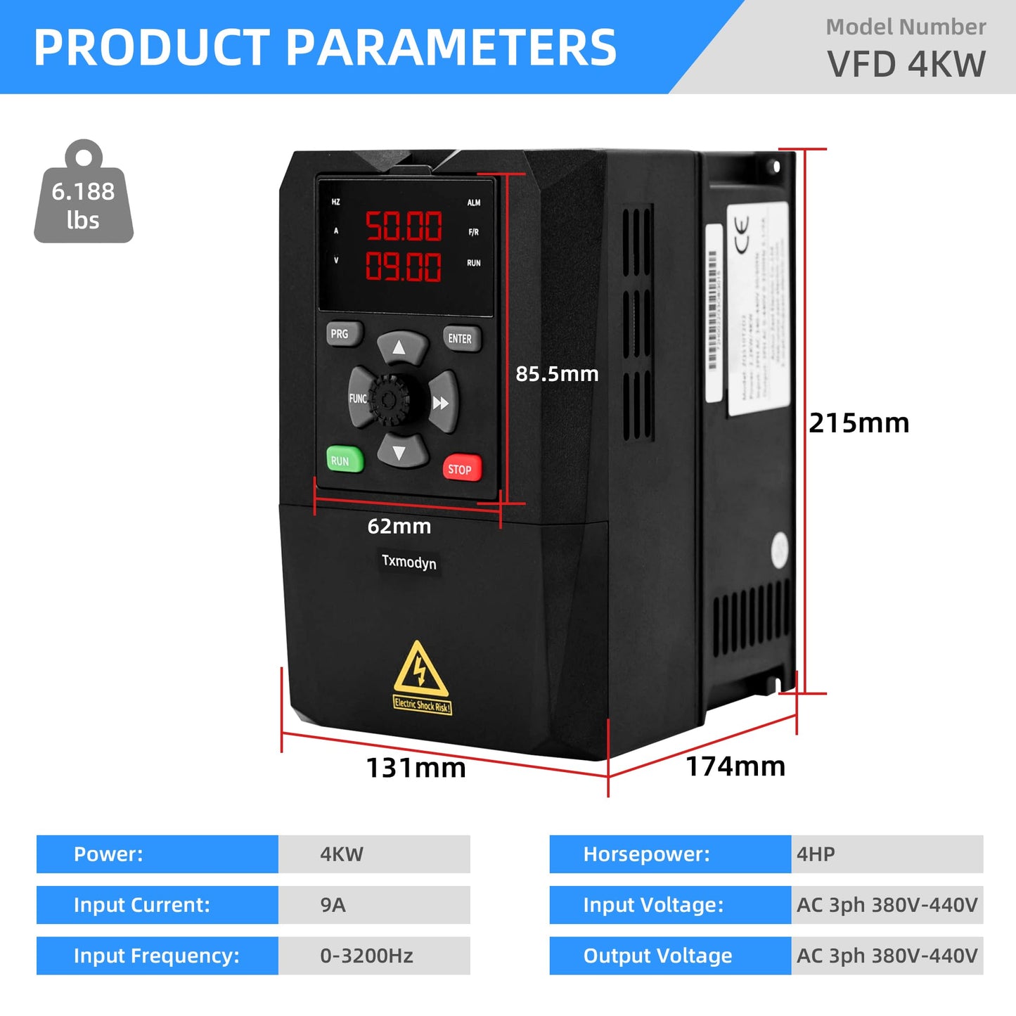 4KW 5HP VFD Variable Frequency Drive, 380V–440V 3 Phase Input & Output, 9A Inverter for Spindle Motor, CNC Router, Pump & Fan Speed Control (0–3200Hz)