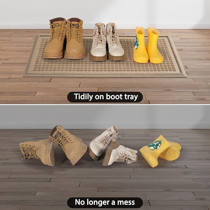 Boot Tray for Entryway, Non-Slip Shoe Tray Drying Mat, Waterproof Boot Mat for Muddy Boots, Heavy Duty Shoe Storage Trays, Indoor/Outdoor Use, 15x30 inches, Beige