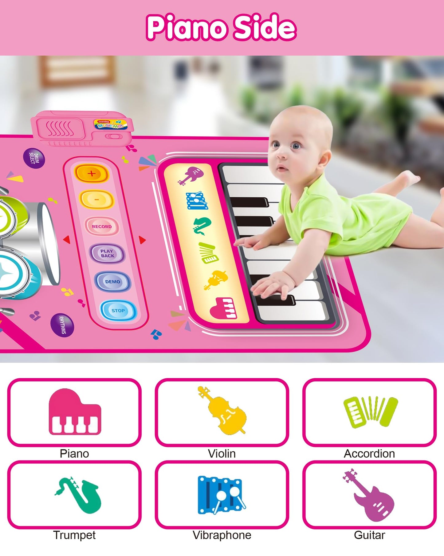 Toys for 1 Year Old Girl Gifts, Baby Musical Mat with Piano & Drum, Adjustable Volume, 12-18 Months Toddler Toys, Christmas Birthday Easter Gifts for 1-2 Year Olds Boys Girls (Pink)