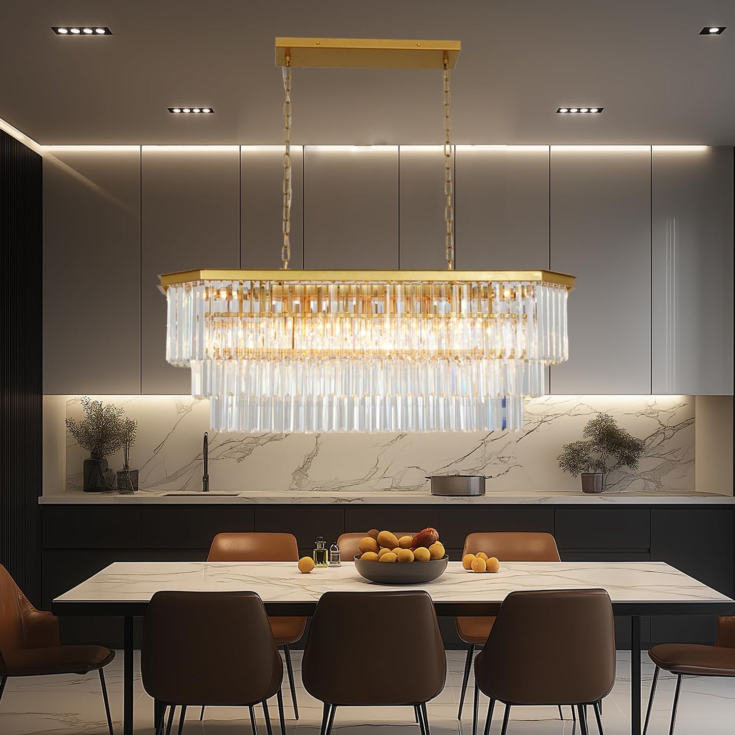 GMlixin Crystal Chandelier, 13-Light 3 Tiers Rectangle Contemporary Pendant, Adjustable Hanging Metal Ceiling Lighting Fixture, Modern Chandeliers for Bedroom,Hallway,Kitchen, L39-inch Gold