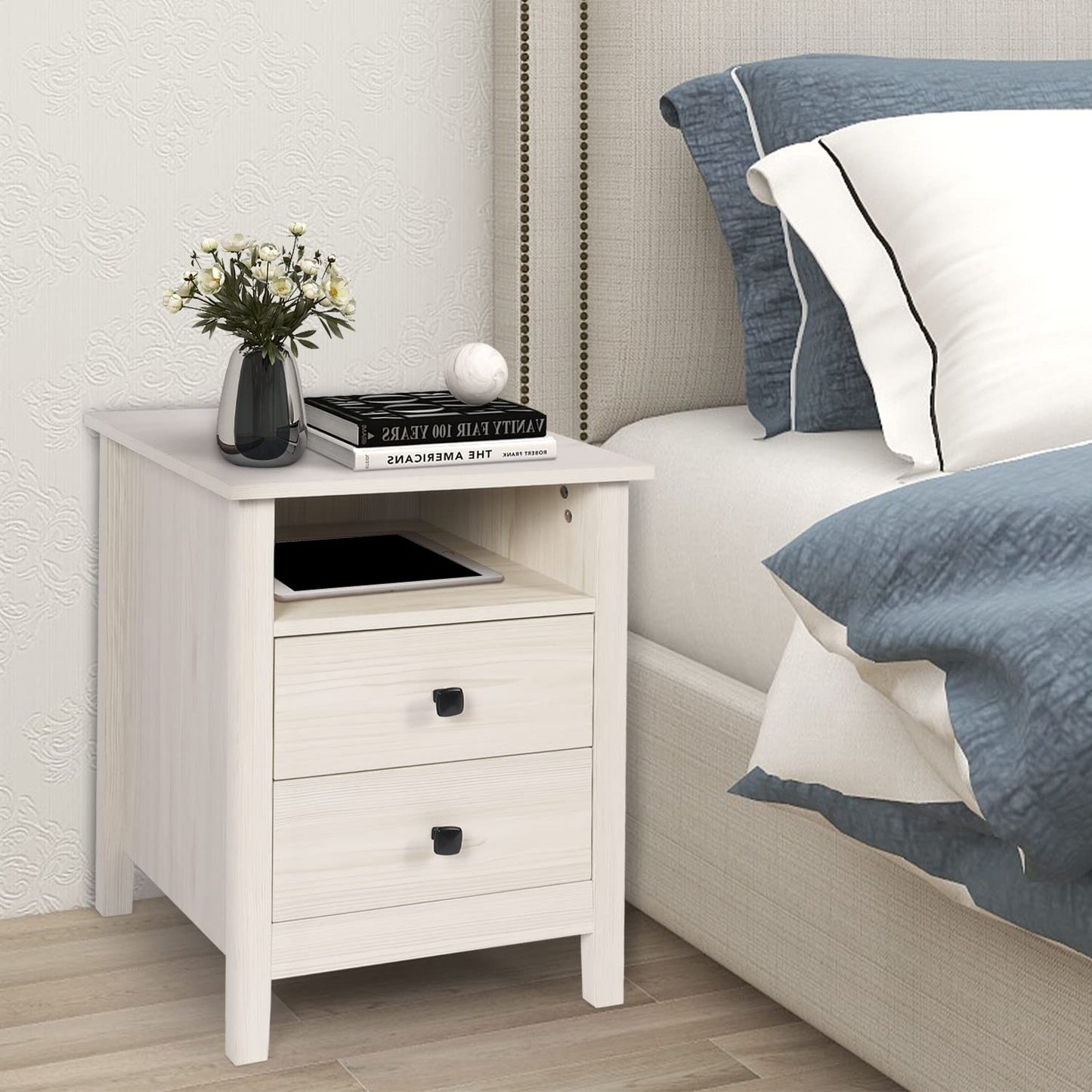 Vikiullf Dresser and Nightstand Set - 3 Pieces Bedroom Set with 7 Drawers Chest and 2 Drawer Night Stands, Wooden Storage Cabient for Bedroom, White Wood Grain