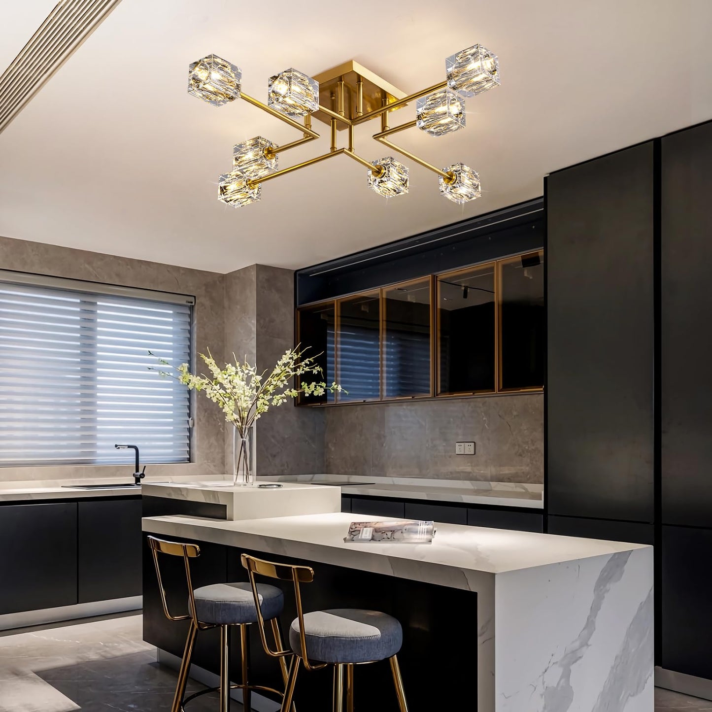 OKES Modern Crystal Ceiling Light,Semi Flush Mount Ceiling Light Fixture with 8-Lights,Gold Sputnik Chandeliers for Bedroom,Dining Room,Farmhouse Kitchen,Office,Living Room