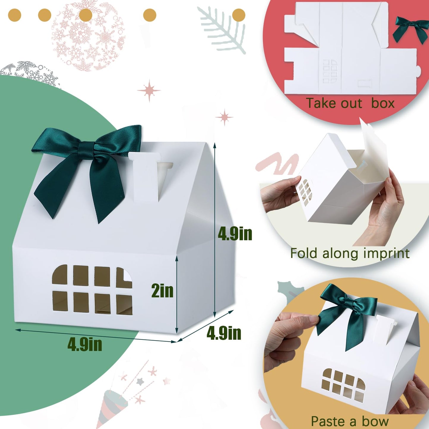 Cholemy 36 Pcs House Shaped Gift Boxes with Bow, 4.9 x 4.9 x 4.9 Inch House Shaped Paper Candy Treat Dessert Biscuit Cookie Box Gift Wrap for Wedding Birthday Party Christmas(White, Green)