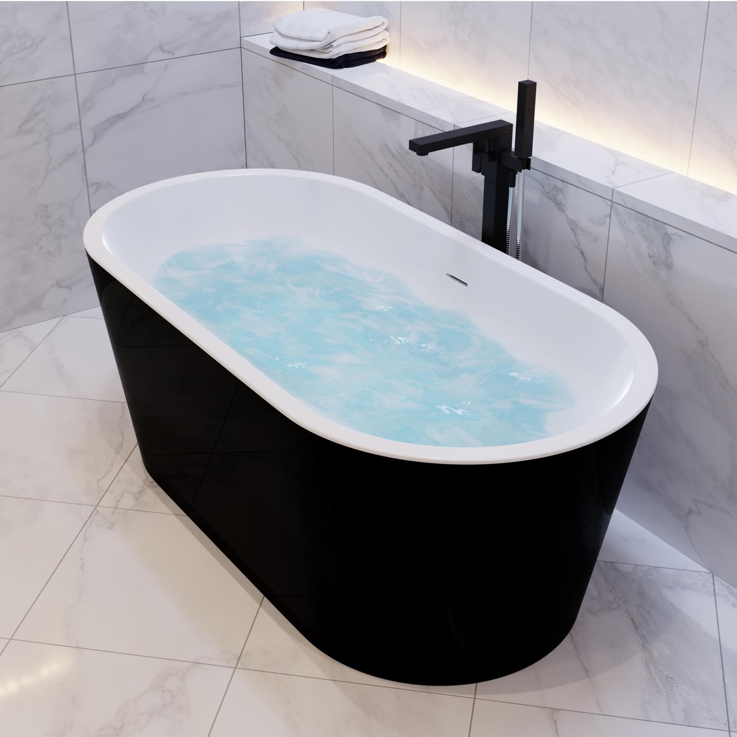 ANZZI Chand Series 67 in. x 32 in. Flat Bottom Acrylic Freestanding Soaking Bathtub with Overflow and Center Drain in Glossy Black