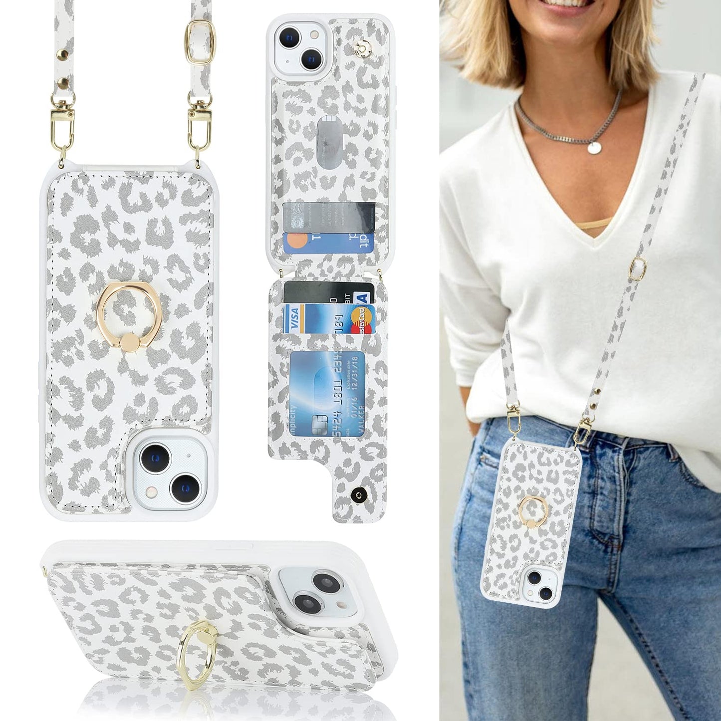 Lipvina For Iphone 14 Plus Case With Card Holder And Strap For Women,Crossbody Lanyard,Stand Ring Kickstand,Snap Clasp,Cute Phon