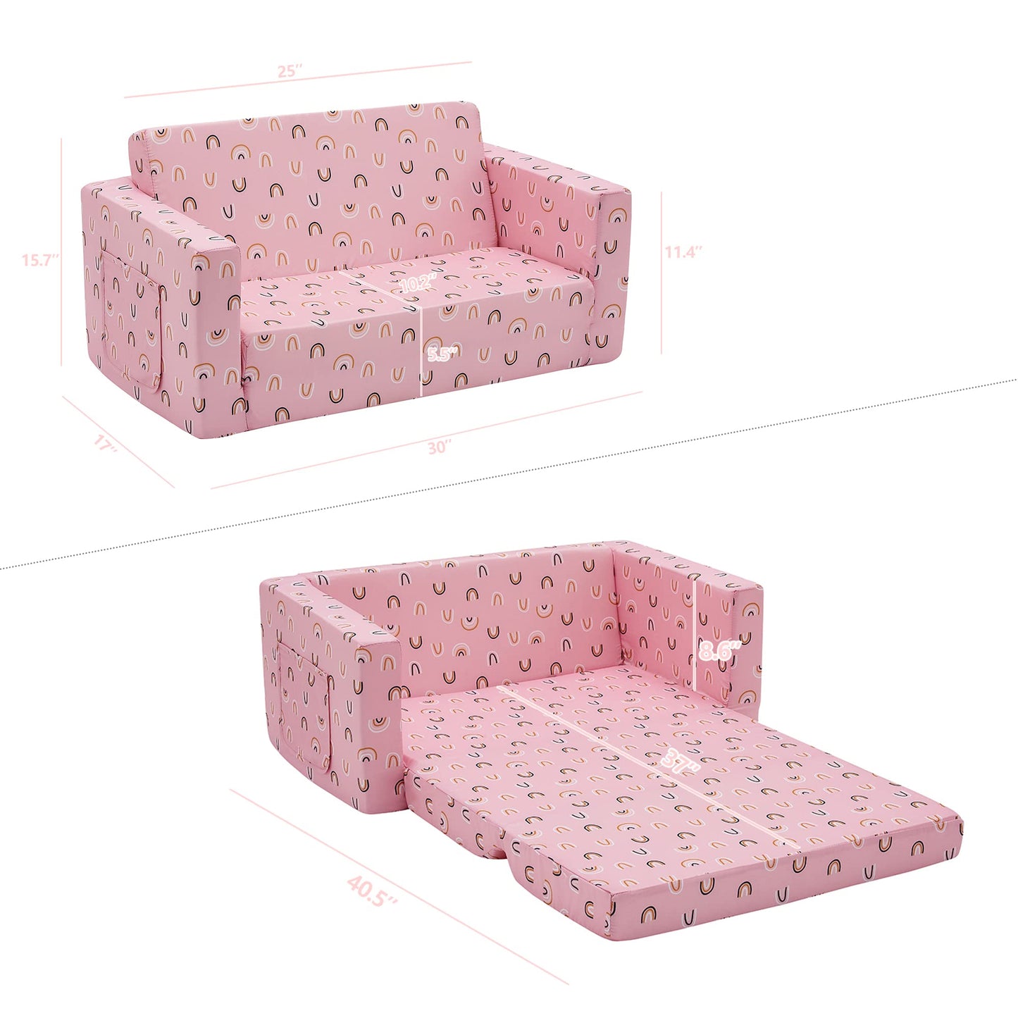 Ulax furniture Kids Sofa Chair Children FILP-Out Chair 2-in-1 Convertible Sofa to Sleeper Couch (Pink Rainbow)
