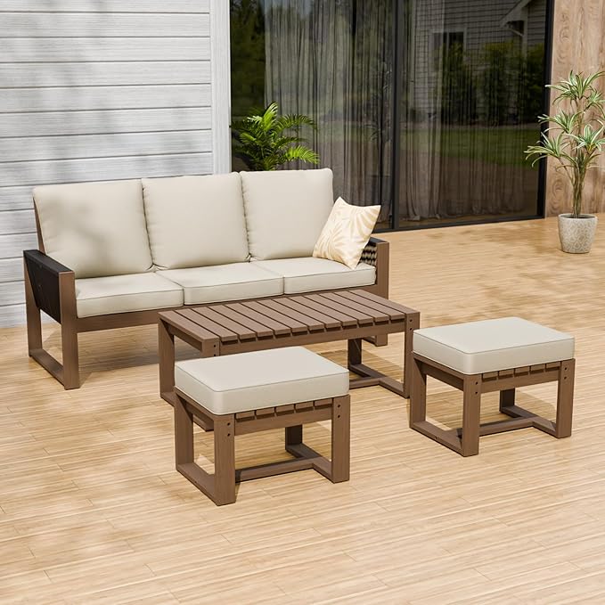 INTER HUT Rustic Hideaway Natural Cedar Wood Outdoor Furniture Set, Wicker Patio Conversation Set for Porch Garden Backyard, Couch, Coffee Table and 2 Ottomans, 4 Piece, Brownish/Beige