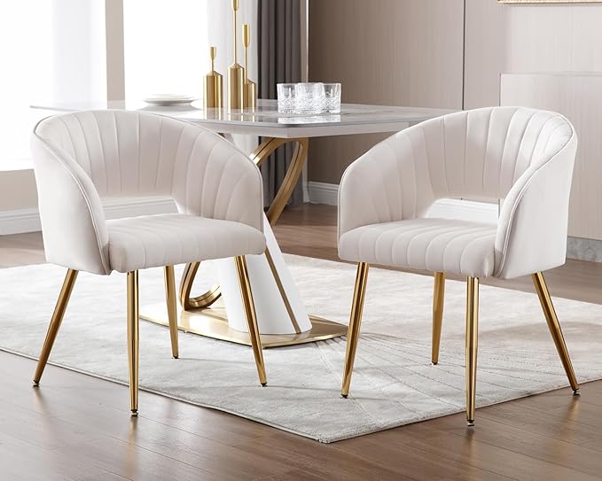 KCC Modern Accent Dining Chairs Set of 2, Upholstered Velvet Dining Room Chairs with Hollow Back, Tufted Kitchen Chairs Side Chairs with Gold Metal Legs for Living Room Restaurant, Cream