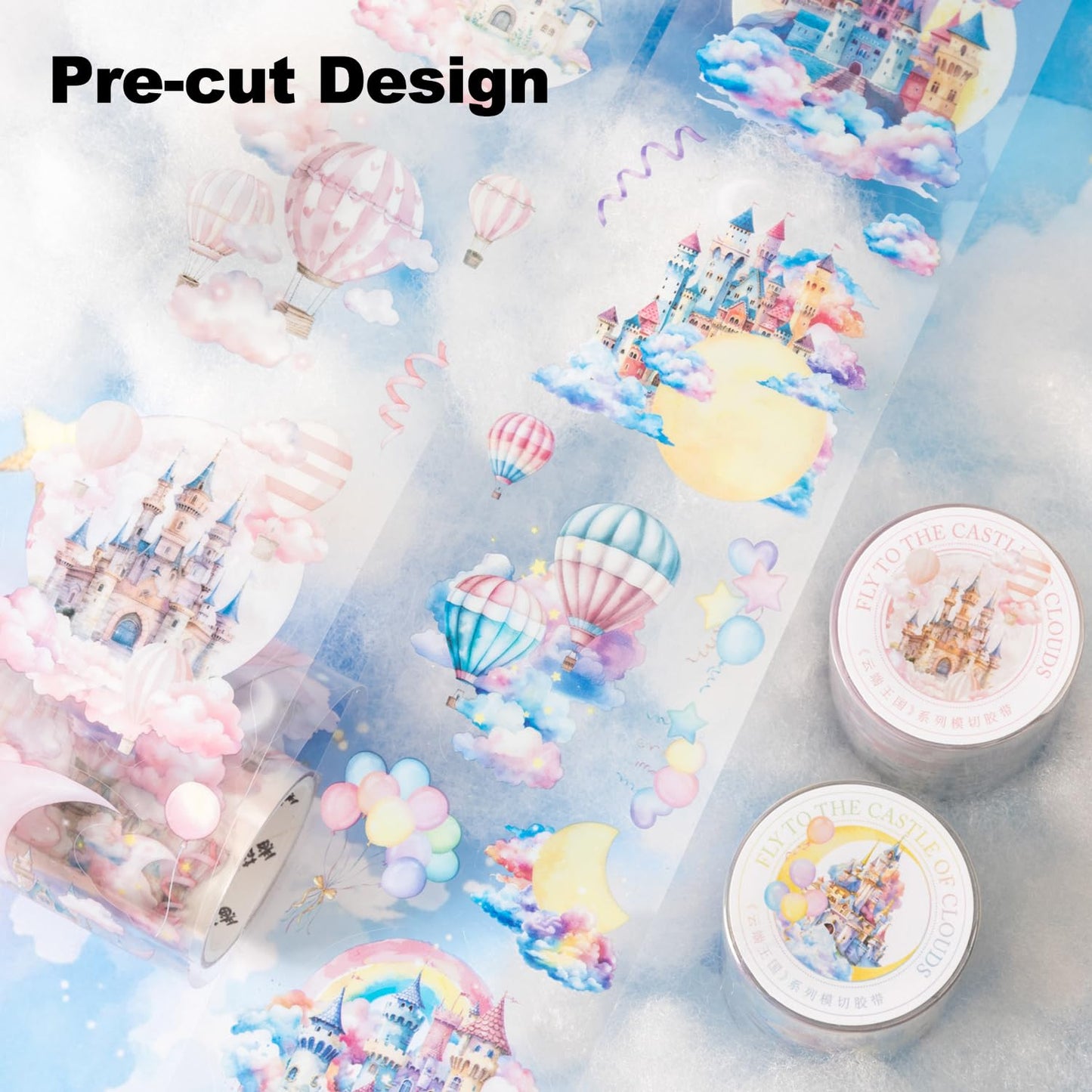 Cloud-Themed Pre-Cut PET Tape Set, 6 Rolls of Fantasy Castle and Balloon Stickers for Scrapbooking, Journaling, and DIY Craft Supplies