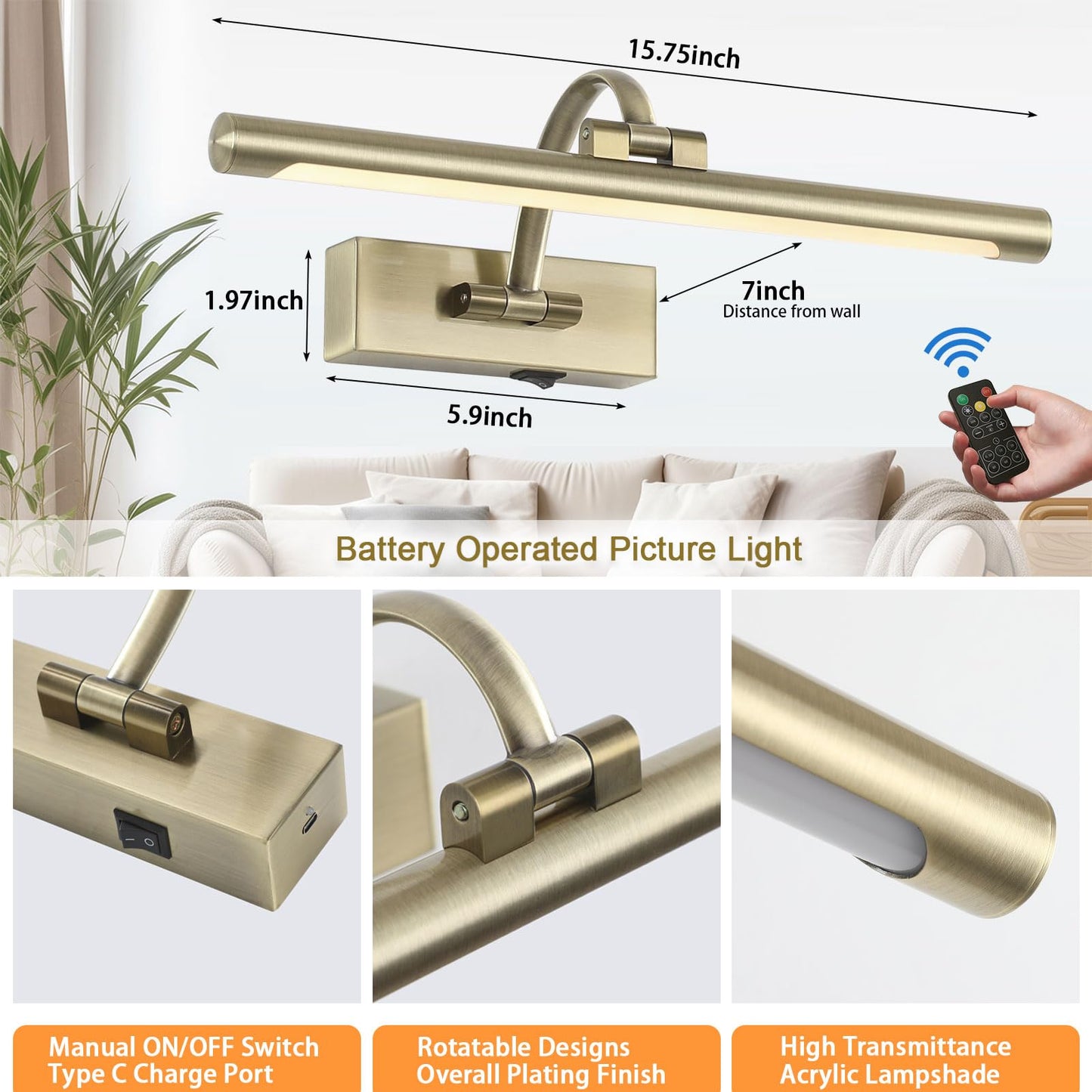 Tassuowell LED Picture Lights for Wall Rechargeable, Battery Operated Art Light for Paintings Wireless,15.7inch Antique Bronze Gallery Light for Artwork