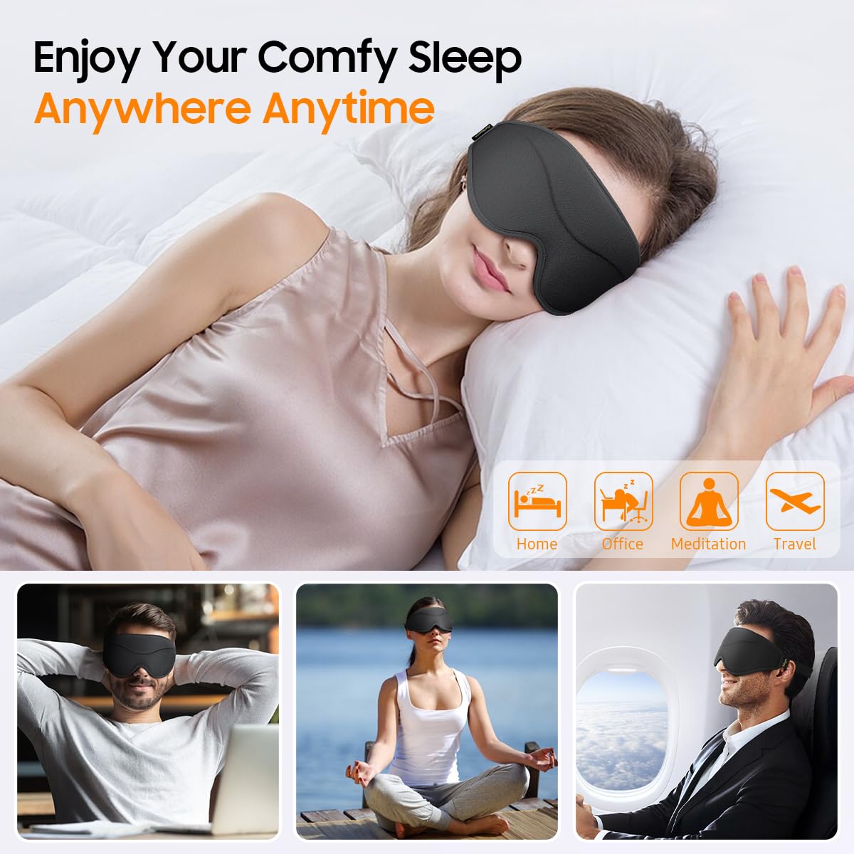 Sleep Mask, Premium Eye Mask for Sleeping, Total Blackout, Super Soft Comfort, Adjustable Fit, Upgraded 3D Ergonomic Designed Sleeping Mask for Home, Office, Travel, Meditation, Yoga, Black