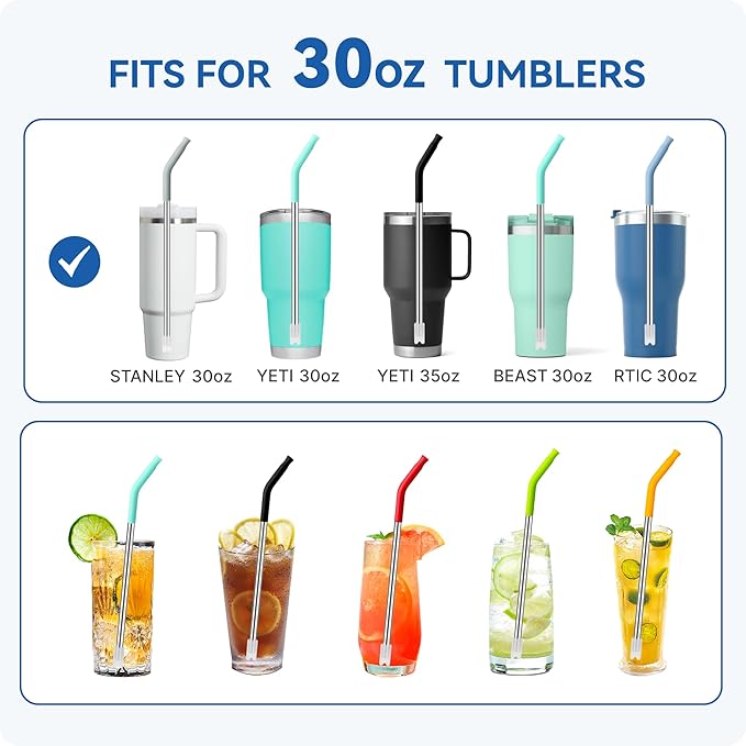 Reusable Metal Straws with Silicone Tip for Stanley 30oz,Stainless Steel Drinking Straws for 30oz Tumbler,3 Straight Tubes & 6 Tips& 1 Cleanr Brush (Iris)