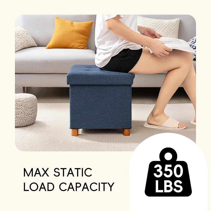 PINPLUS Storage Ottoman Cube, White Linen Footrest with Wooden Legs, Foldable Fabric Footrest, Comfortable Seat with Lid, Ottoman with Storage for Living Room, 15" x 15" x 15"，Blue