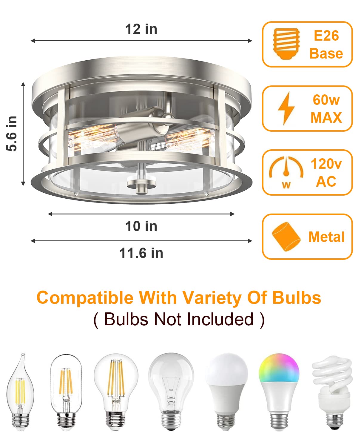 EAPUDUN Flush Mount Ceiling Light, 12inch 2-Light Modern Close to Ceiling Light Fixture, Brushed Nickel Finish with Clear Glass Shade for Hallway Entryway Bedroom Porch FMA1412-BNK