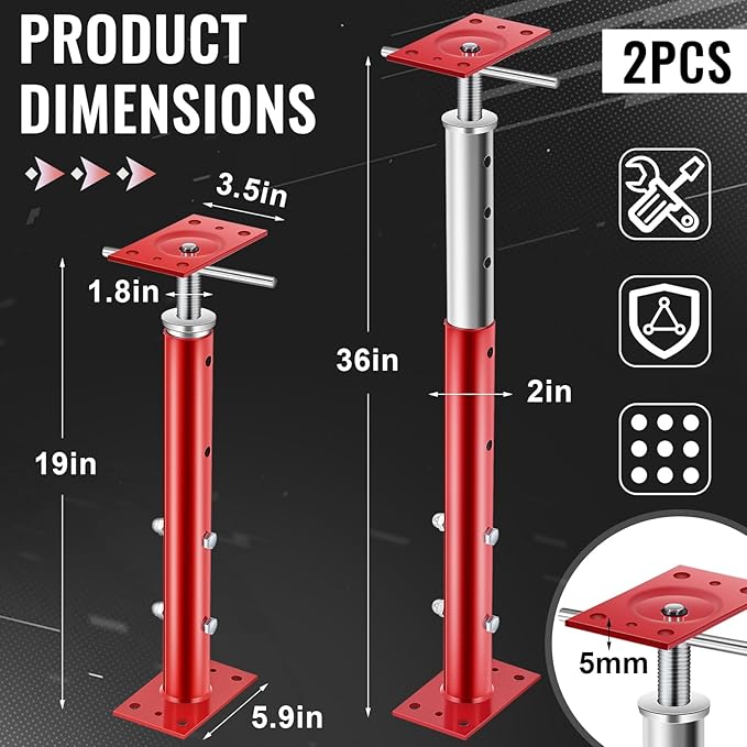 Yaocom 4 Pcs Adjustable Jack Post, 19"-36" Height Range, Basement Floor House Screw Jacks for Lifting Joist Beam Brace for Cellar Ceiling, Center Point Load Capacity 11023 Lbs (Red)