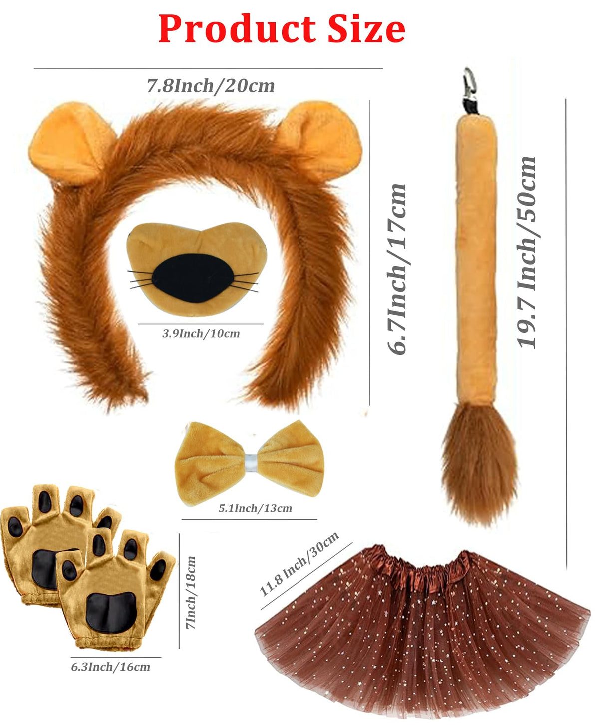 Besuante 7 Pcs Animal Lion Costume Set for Girls Ear Headband Tail Bowtie Nose Gloves Tutu Skirt for Halloween Dress Up