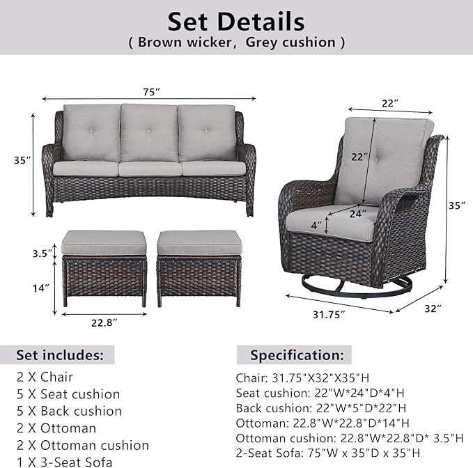 Belord 5 Piece Outdoor Patio Furniture Set - Wicker Furniture Patio Conversation Set, Outdoor Swivel Rocker Chairs with 3-Seater Sofa and 2 Ottomans for Small Space, Gray Cushion