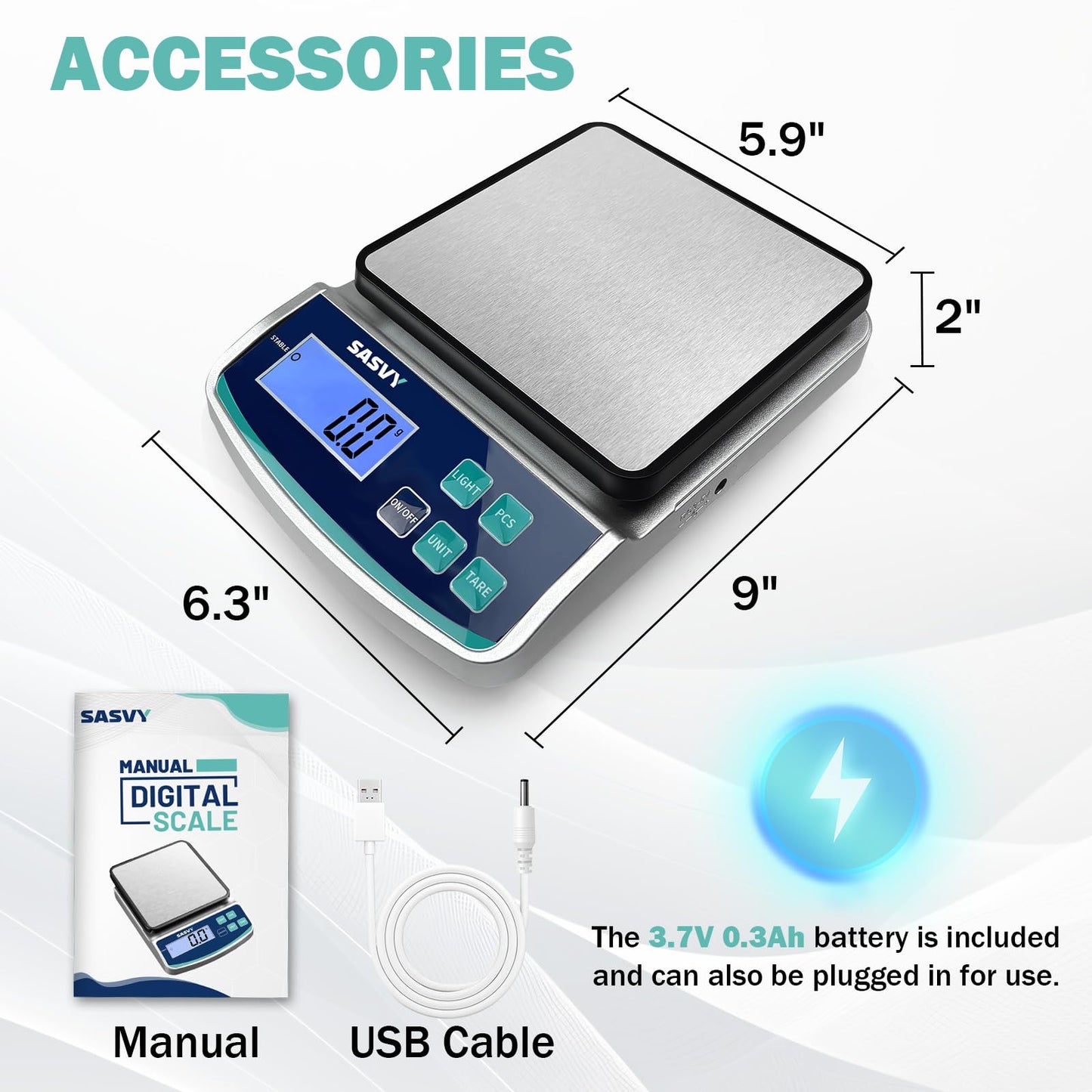 SASVY Digital Lab Scale 5000g x 0.1g oz/lb/g/kg Precision Electronic Scientific Scale Analytical Balance for Laboratory Jewelry Kitchen Includes Rechargeable Battery