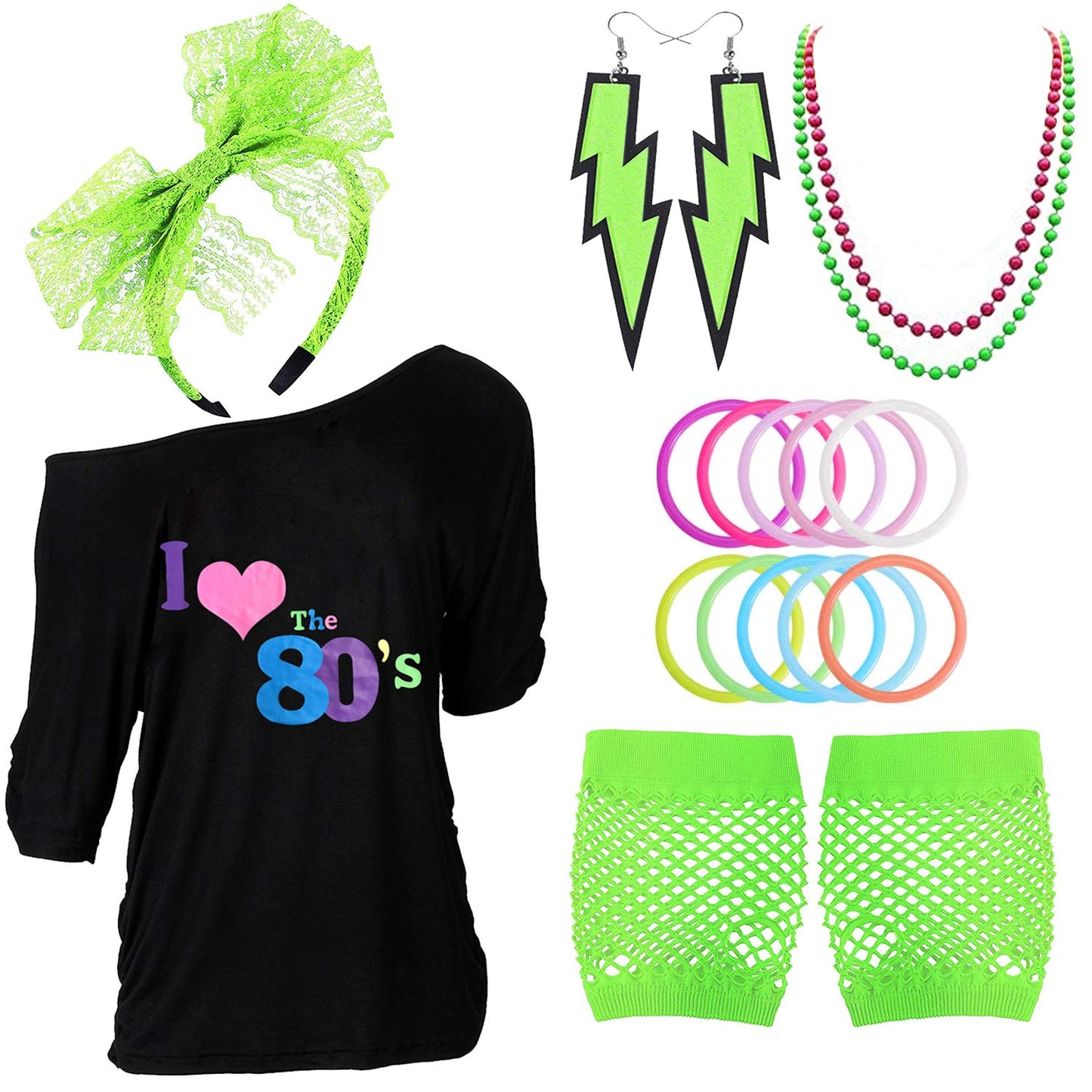 Z-Shop 80s Outfits Costume Accessories for Women - I Love 80's Print Off Shoulder T-Shirt,Lace Headband Necklace Bracelet Gloves for 80s Costumes,Green,XXL