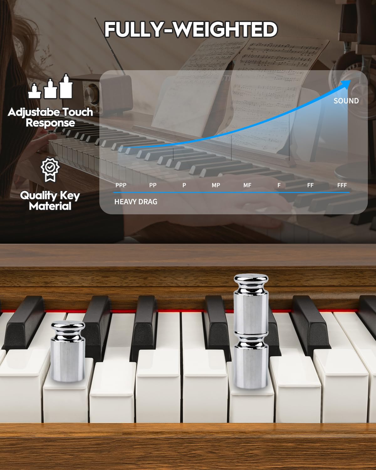 STRICH Digital Piano 88 Keys, Hammer-Action Weighted Keyboard, Full size Electric Piano Keyboard with Stand, 25Wx2 Speakers, Supports USB-MIDI/Wireless Connecting SDP-300S (Color Walnut Wood)
