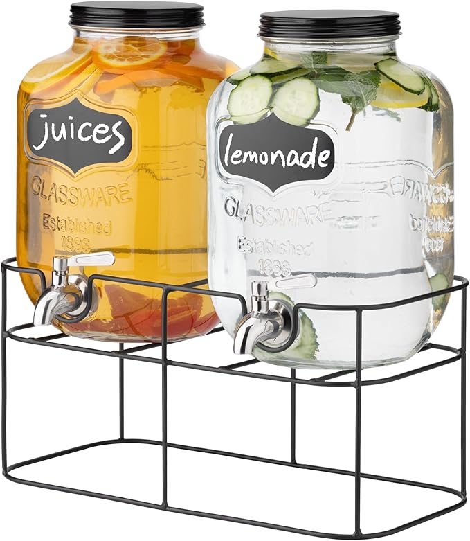 Navaris Glass Double Jar Drink Dispenser with Tap - Includes Metal Stand - For Cocktail Drinks, Lemonade, Water or Beverag...