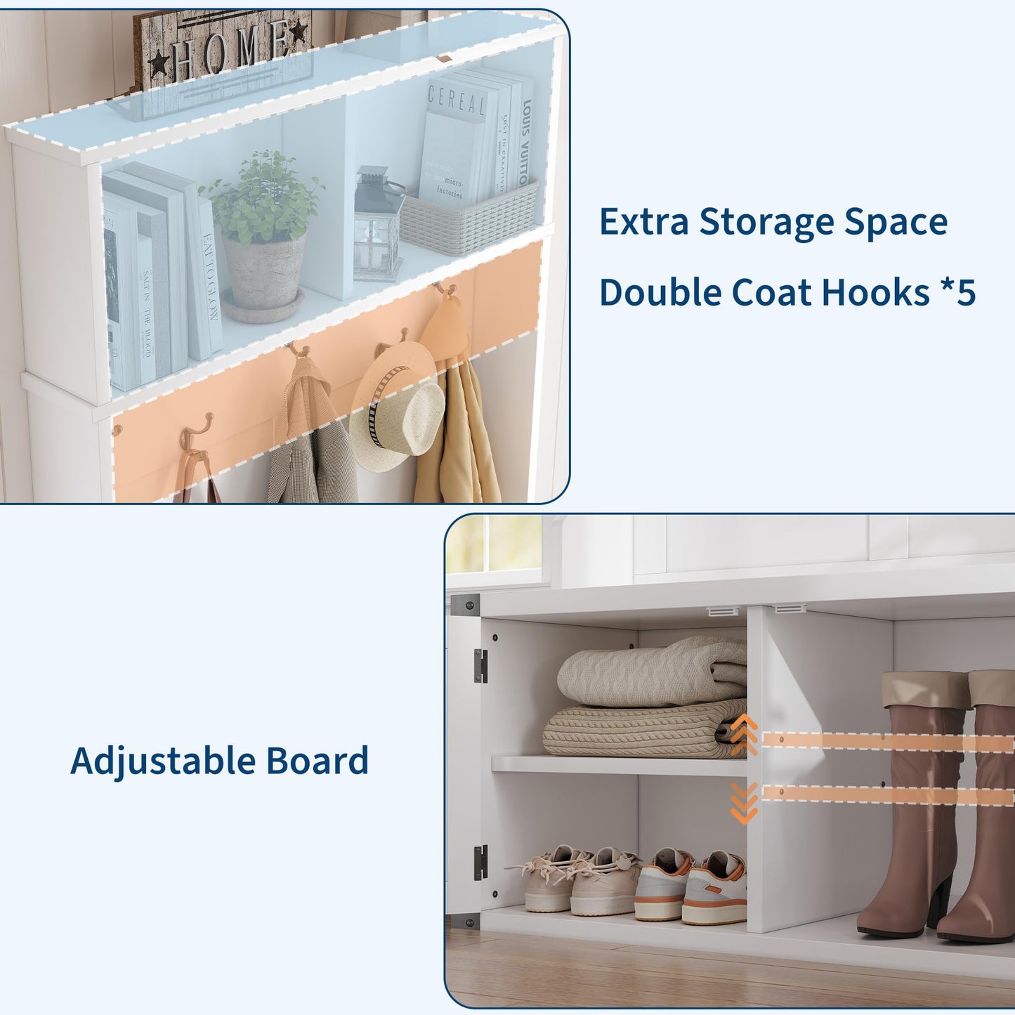 GarveeHome Hall Tree with Shoe Storage Bench, 4-in-1 Entryway Bench with Coat Rack & Adjustable Shlef & 2 Wood Door, Hall Tree with Metal Corner & 5 Tri-Hooks for Entryway,Bedroom, Living Room, White