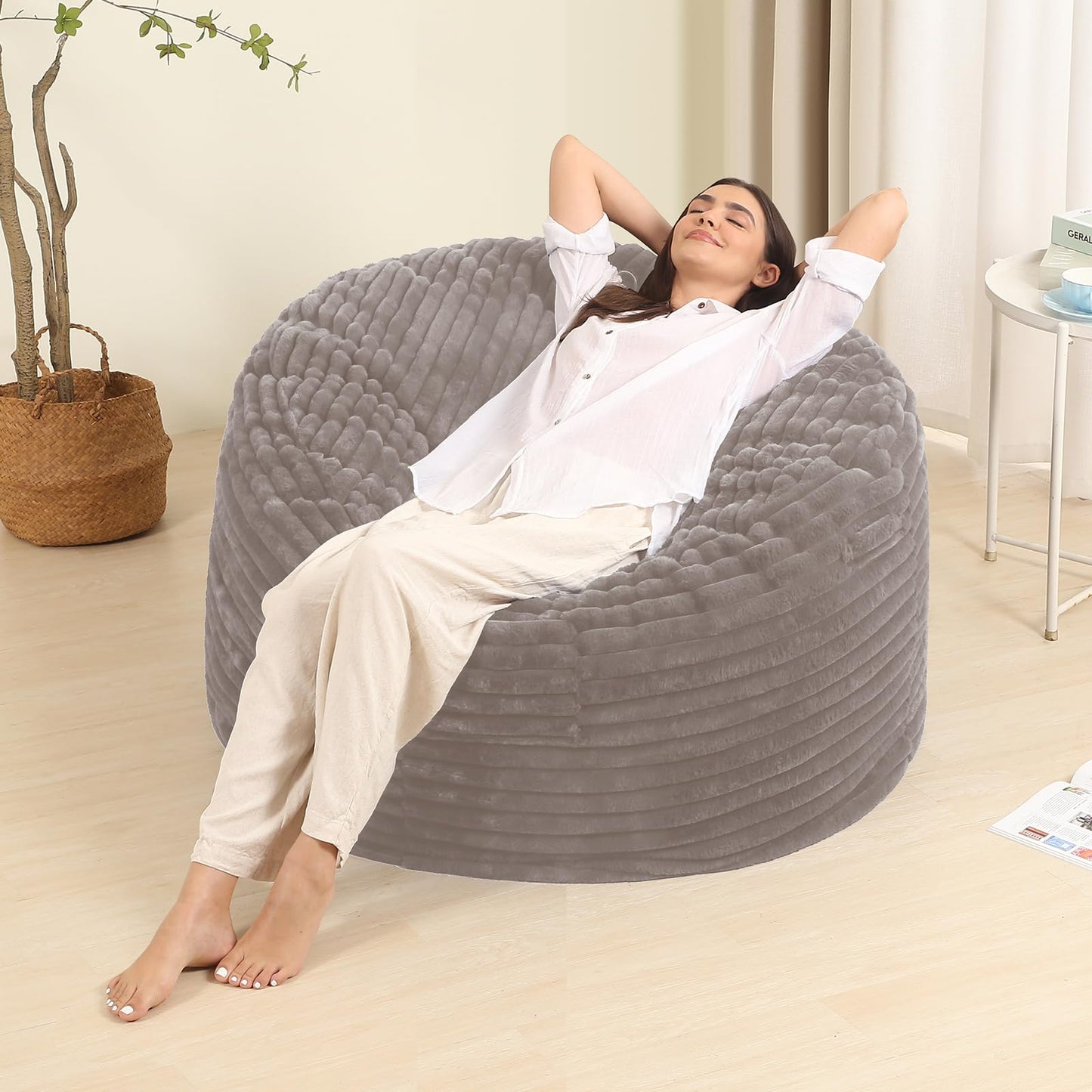 BestRoyal 3FT Memory Foam Bean Bag Chair for Adults/Teens, Bean Bag Sofa with Fluffy Removable Cover, for Living Room Bedroom, Grey