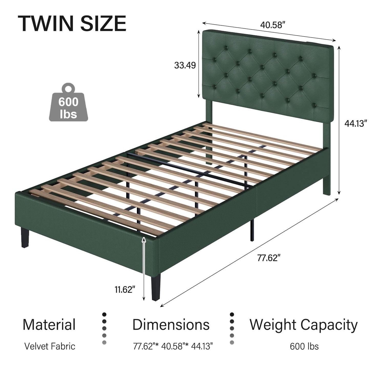 REVOMINCA Upholstered Twin Bed Frame with Headboard, Green Bed Frame Twin, Platform Bed with Button Tufted Desigh, No Box Spring Required, Easy Assembly, Green