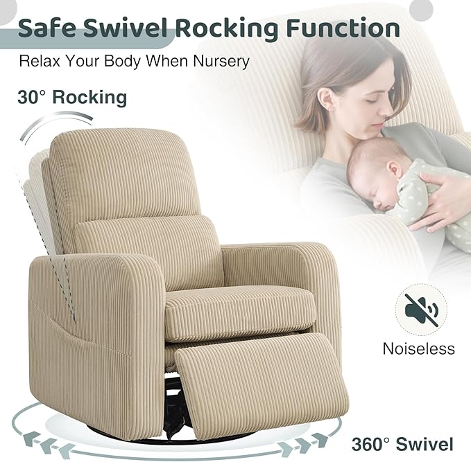 AEMEIOS Swivel Rocker Recliner, Oversized Manual Nursery Glider Rocking Recliner Chair with Removable Cushion, Upholstered Swivel Reclining Chair for Nursery Living Room Bedroom, Corduroy Camel
