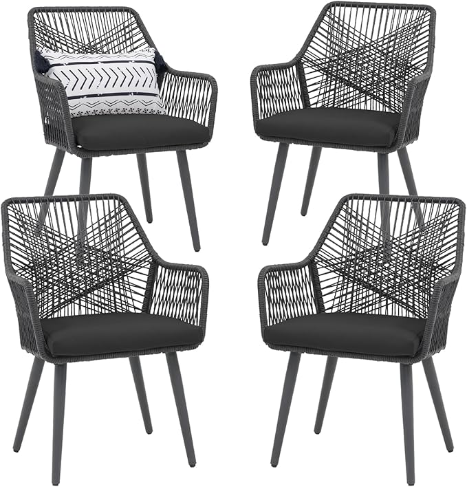 Patiorama Patio Dining Chair Set of 4,Woven Rope Outdoor Dining Chairs w/Steel Frame,All-Weather Twisted Rattan Chairs w/Armrest & Cushion,Outdoor Dining Wicker Chairs for Backyard Garden(Dark Grey)
