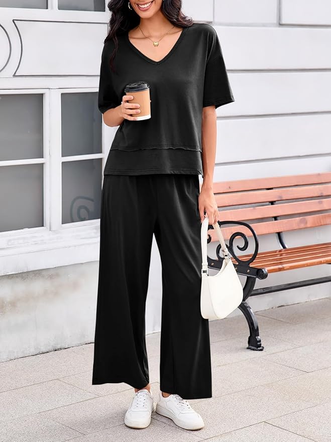 Tankaneo Womens 2 Piece Sets Casual Tracksuits Short Sleeve Tops Wide Leg Pants Outfits Lounge Sets