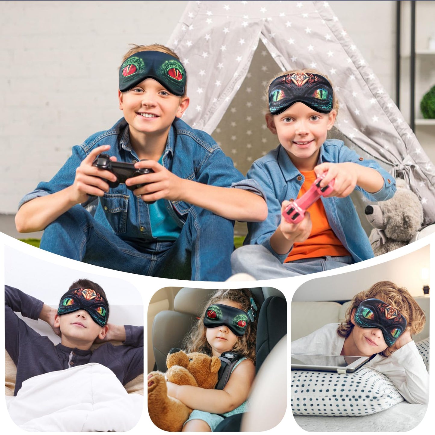 2 Pcs Sleep Mask for Kids Boys, Silk Eye Covers for Sleeping, Adjustable Strap & Light Blocking Design, Adult Children's Bedtime Blindfold for Travel and Home Use (Red Dinosaur Eyes)