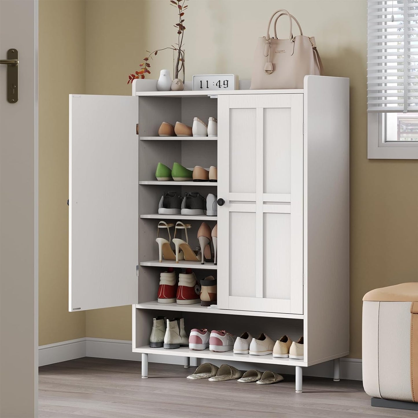 ONBRILL Shoe Storage Cabinet with Cross Molding Doors, 6-Tier Farmhouse Shoe Cabinet with 3 Adjustable Shelves and Metal Legs, 45'' Tall Shoes Rack Organizer Cabinet for Entryway, Front Door, White
