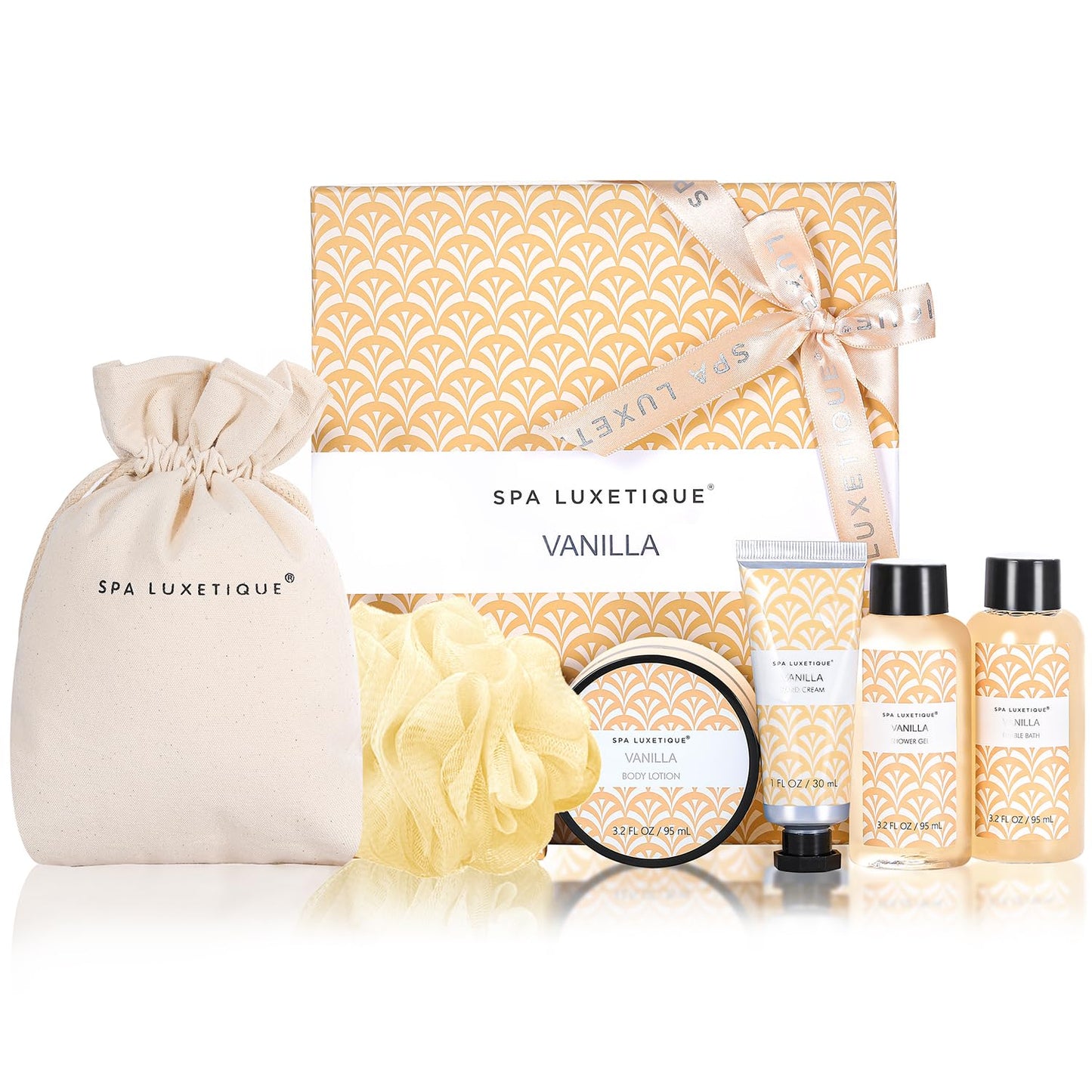 Spa Luxetique Spa Gifts for Women 6pc Vanilla Bath Sets Women Gift With Body Lotion, Shower Gel, Bubble Bath, Hand Cream, Bath and Body Gifts Set, Christmas Gifts