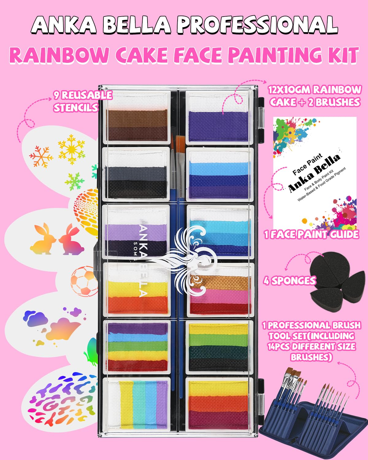 Anka Bella Professional Face Painting Kit for Kids,12X10gm Water Based Split Cake Face Paint with Stencil & Brushes,Hypoallergenic & Non-Toxic,Gift for Birthday Parties/Halloween/Carnival