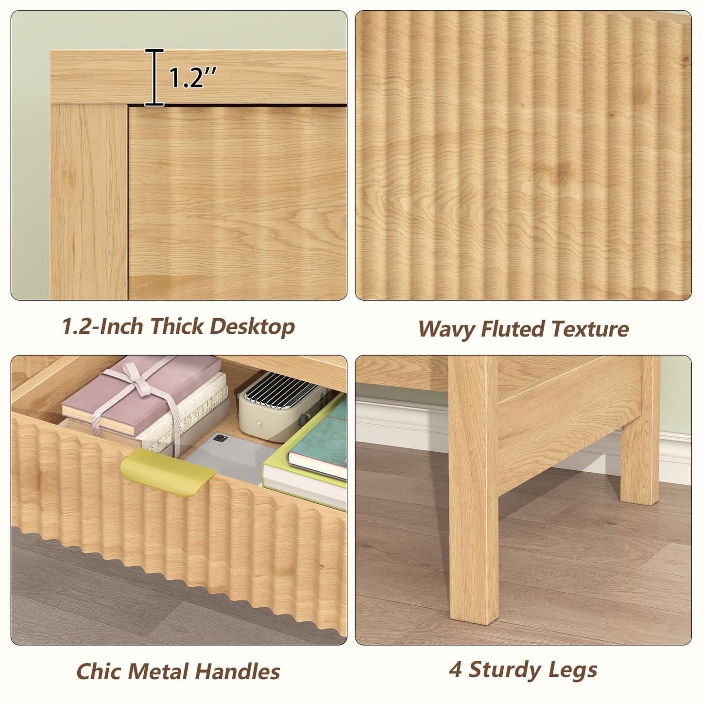 YOMILUVE Fluted Computer Desk with 2 Drawers, 39 Inch Small Computer Desk with Power Outlets, Compact Writing Study Desk for Small Spaces